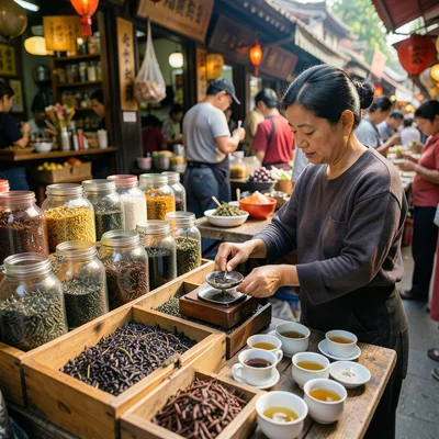 A tea market in China, drawers and jars of different teas, the merchant weighing