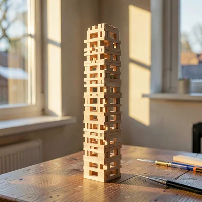 Vertical of a tall 3D puzzle tower assembly catching warm window light