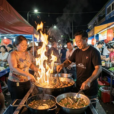 Night market cooking flames