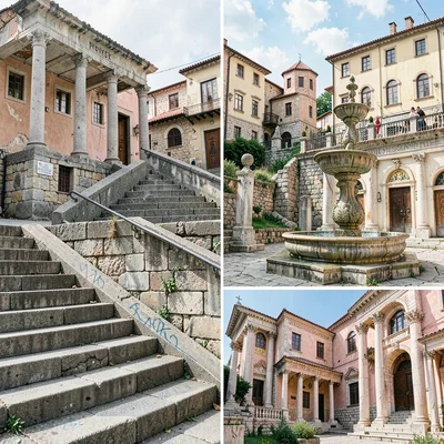 Historical layers visible simultaneously in Plovdiv, Bulgaria, communist-era con