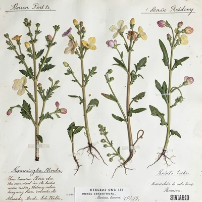 Botanical specimen arrangement in the style of scientific documentation, but the