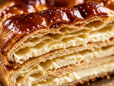 A mille-feuille from the side: alternating layers of puff pastry and pastry crea