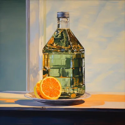 Oil painting of a gatorade bottle on a table. nature