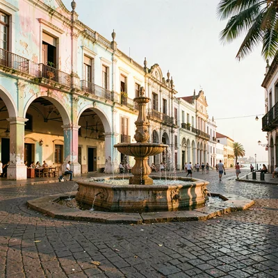 Faded pastel decay of Havana, Cuba, Plaza Vieja fountain, colonial arches around