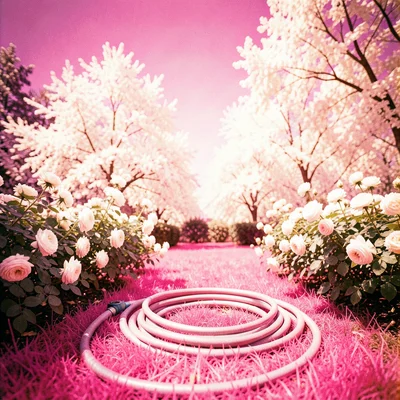 A garden hose coiled on bright pink grass next to white rose bushes