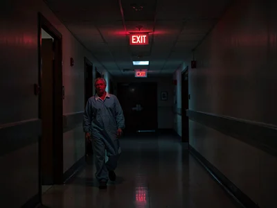 Hospital hallway 2am, patient shuffling past EXIT sign, the gowned midnight walk