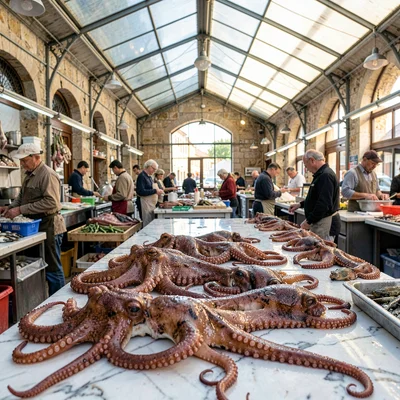 inside a Galician seafood market at clear morning, marble counters wet, octopus