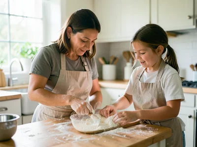 Mother and daughter baking together in a bright kitchen, flour on their aprons