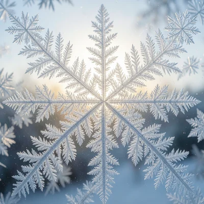 Dendritic frost crystals forming star-shaped patterns, each arm with secondary b