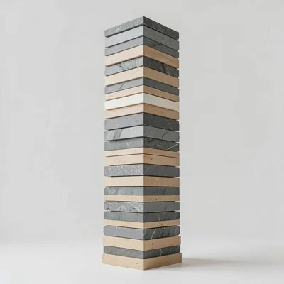 Tall vector tower of stacked sentinel tiles ascending the frame, slate and oat l