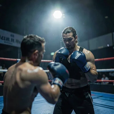 Nocturnal photo of a coach holding focus mitts under a hard rim light, blurred f