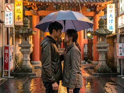 Young couple under one umbrella at a shrine entrance, rain on stone lanterns, no