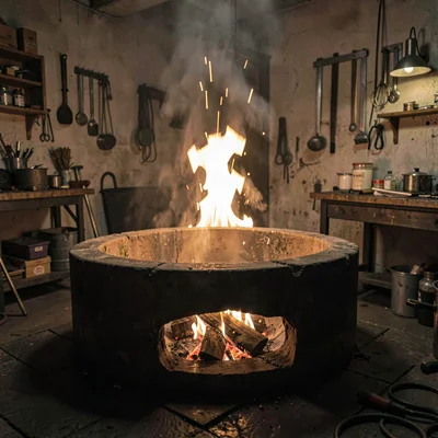 Atmospheric workshop scene of a roaring glory hole with embers glowing, dim warm