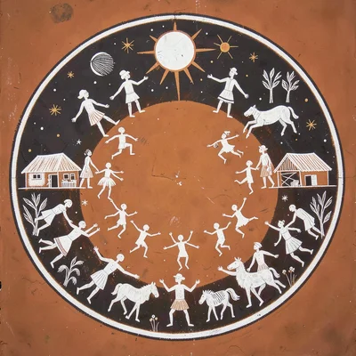 Night sky scene — figures, animals, and the sun/moon arranged in circular compos