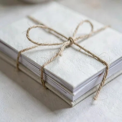 Paper macro of a stack of finished journals tied with twine