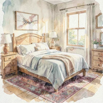 Watercolor wash of a sunlit bedroom with a rug at the foot of the bed, late afte