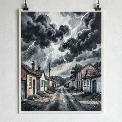 Screenprint episode-banner poster of a small town under storm clouds, three-colo