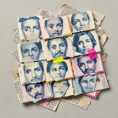 Collage of a stacked rolodex of paper cards, each card a different cut of magazi
