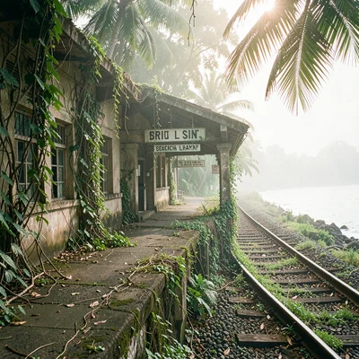 Tropical light on Sri Lankan colonial decay, Abandoned British-era railway stati