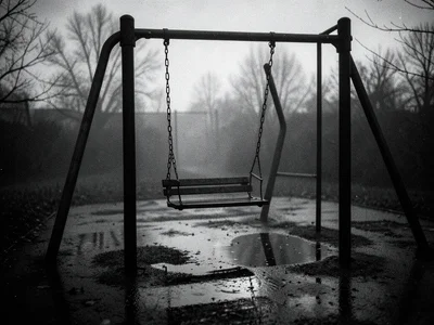 Empty swing moving on its own in foggy playground, eerie, dusk