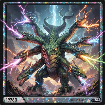 Trading card game illustration, a hydra with seven serpentine heads, each breath