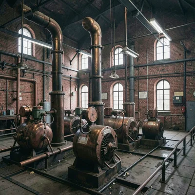 Textile factory ghosts in industrial Łódź, power room generators silent, copper 