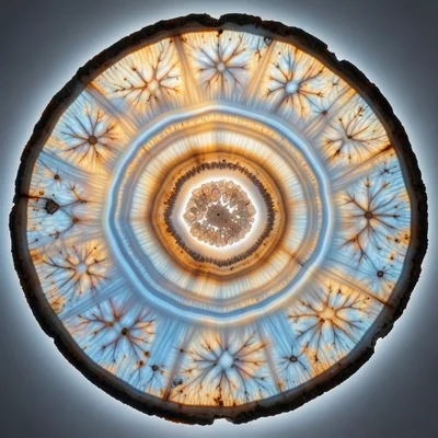 Thunder egg cross-section, rough round exterior surrounding explosive star-shape