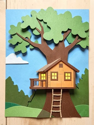 A treehouse scene: sky behind, large oak tree in greens and brown, the treehouse