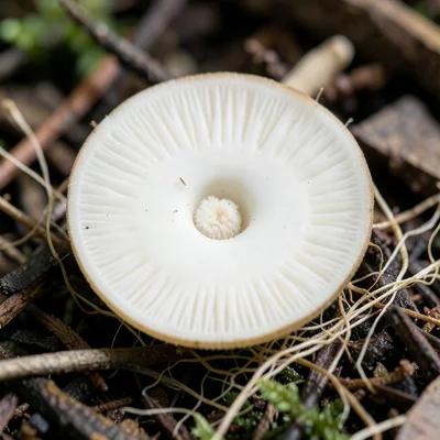 Puffball mushroom cross-section revealing the smooth white interior with a tiny 