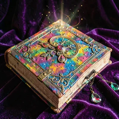 Ornate prop study of a relic tome with brass clasps and gemstone bookmark, lying