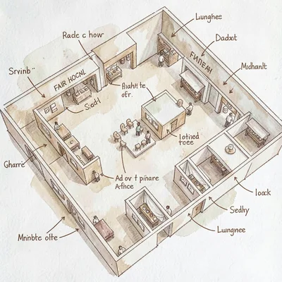 Hand-drawn illustrated floor map of the fair hall with annotated booths and loun