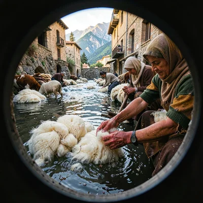 Through the Fes tannery eye, leather and dye craft, Women washing wool in a moun
