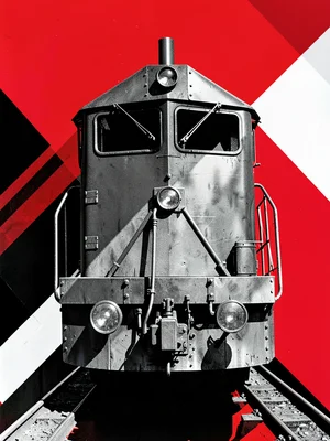 Locomotive front-on, angular steel mass with bold diagonal shadow slashes
