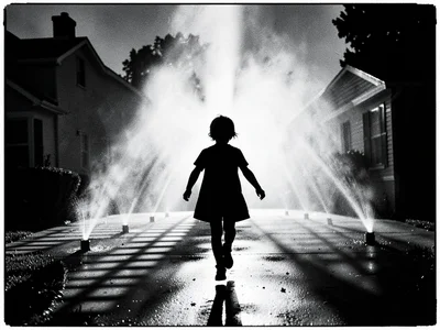Sprinkler system creating fog-like mist, backlit figure of child running through
