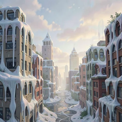 Neural network style illustration, cityscape with melting buildings , diffusion 