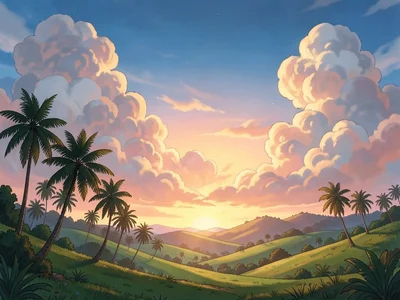 Palm trees silhouetted against dramatic cumulus clouds, tropical sunset