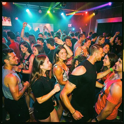 Cross-processed slide film photograph, Crowded dance floor under colored club li