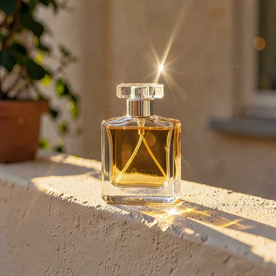 Warm hero shot of an unbranded heavy glass perfume flacon on a sun-warmed plaste