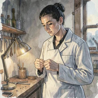 Quiet artisan portrait of an apprentice tying on a white work coat at dawn, low 