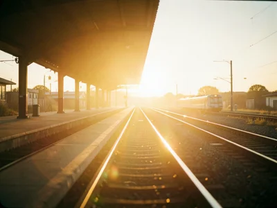 Train station platform at sunset, tracks converging into golden vanishing point,