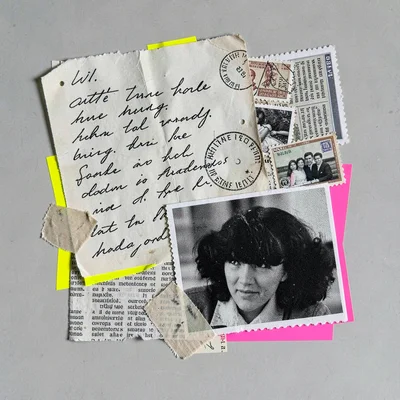 Collage of overlapping handwritten note scraps, postage stamps, and a clipped ph
