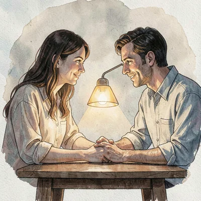 Portrait of a couple holding hands across a low table, warm lamplight pooling be