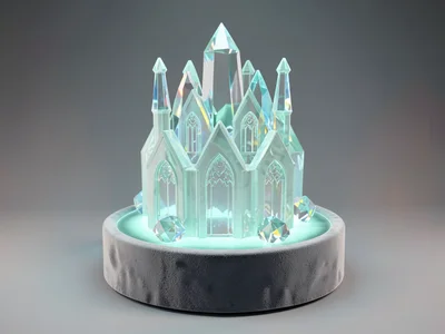 Miniature crystal cathedral in pale aquamarine sitting on a velvet-gray plinth w