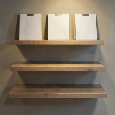 Tiered shelf display of three abstract folder mockups stepping back into depth, 