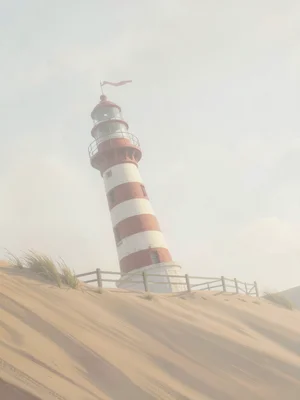 Leaning daymark on a sand dune, no light at all, only its painted stripes catchi