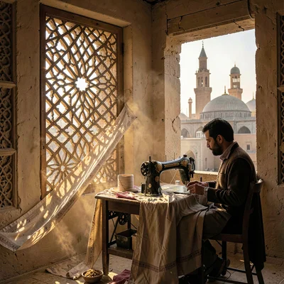 Islamic Cairo geometry, medieval city light, tailor working at sewing machine by