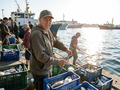 Fishermen returning to port at noon, squinting against the white glare of the wa