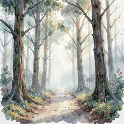 atmospheric watercolor of a forest path at first light, mist between trunks, sof