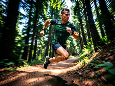 Runner mid-stride on a forest trail, motion blur on the surroundings