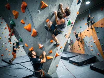 A rock climbing gym, a person mid-route on an overhanging wall, their body in a 